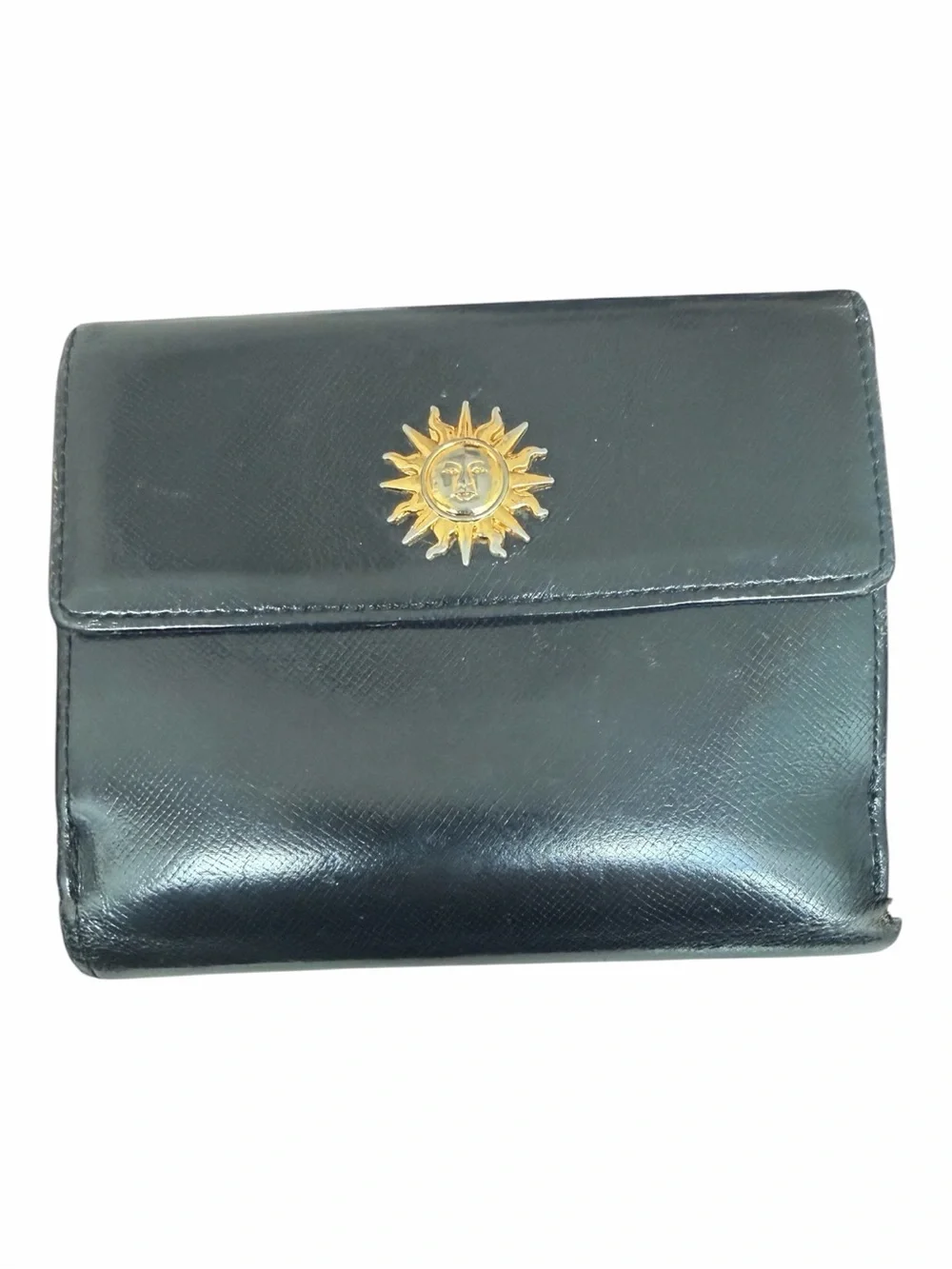 Vintage Gianni Versace Black Patent Leather Wallet with Gold Medusa Sun